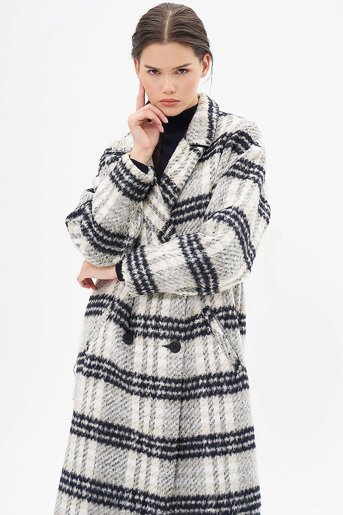 Buttoned Plaid Coat Cream
