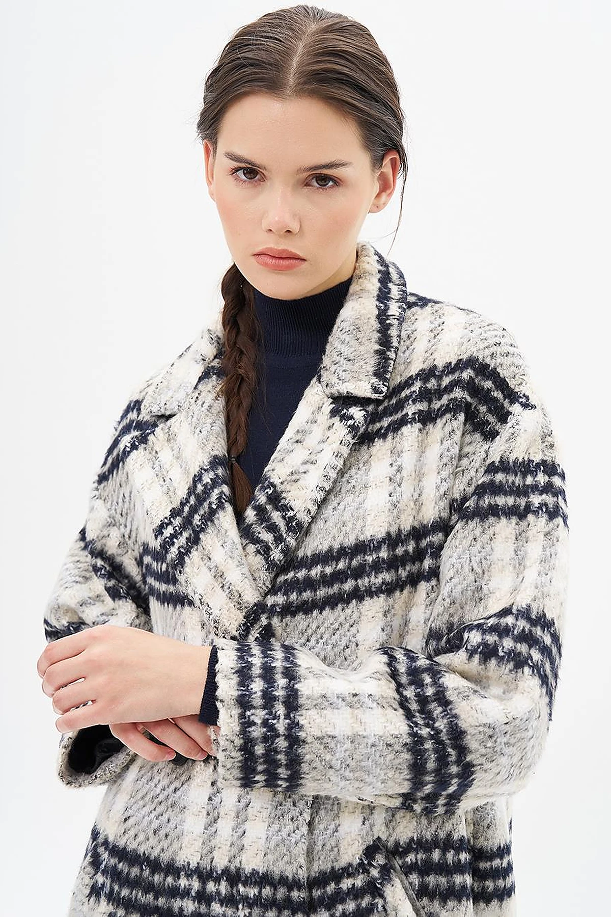 Buttoned Plaid Coat Cream