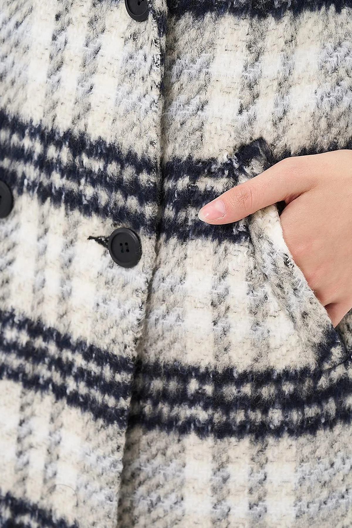 Buttoned Plaid Coat Cream