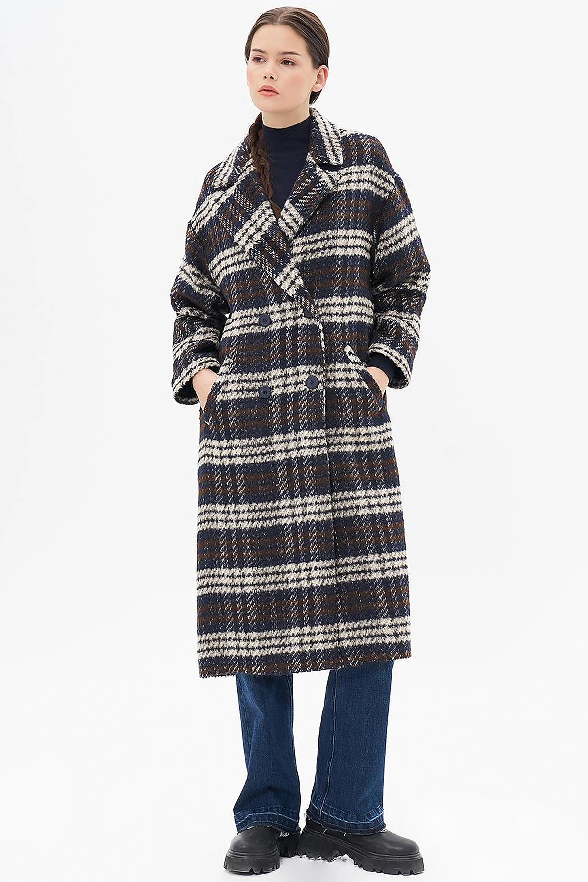 Buttoned Plaid Coat Navy Blue