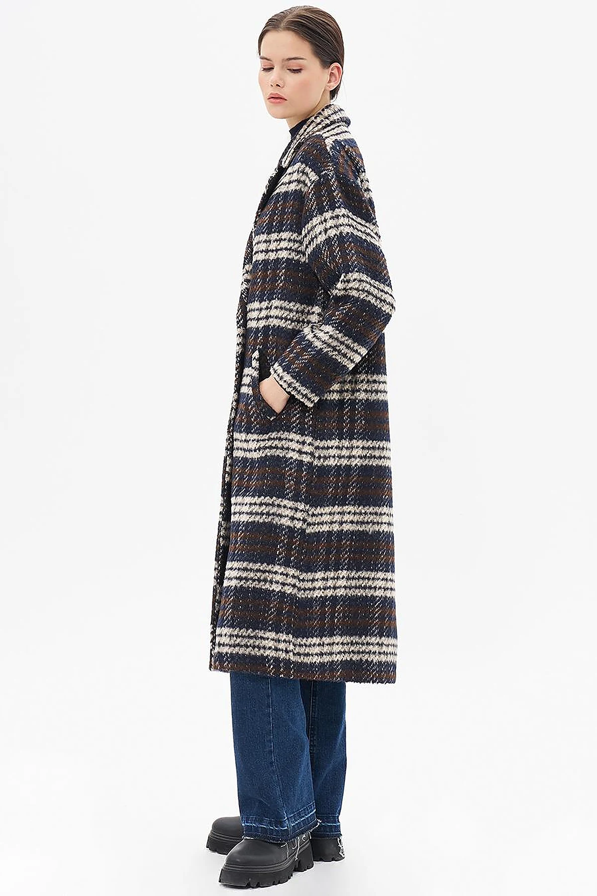 Buttoned Plaid Coat Navy Blue