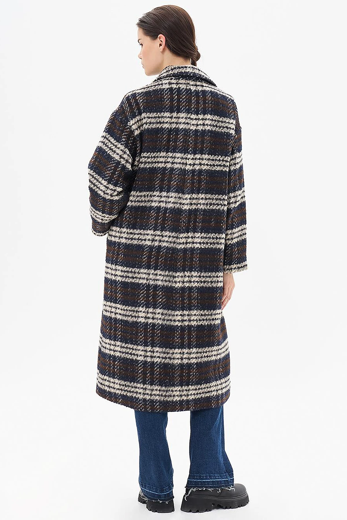 Buttoned Plaid Coat Navy Blue