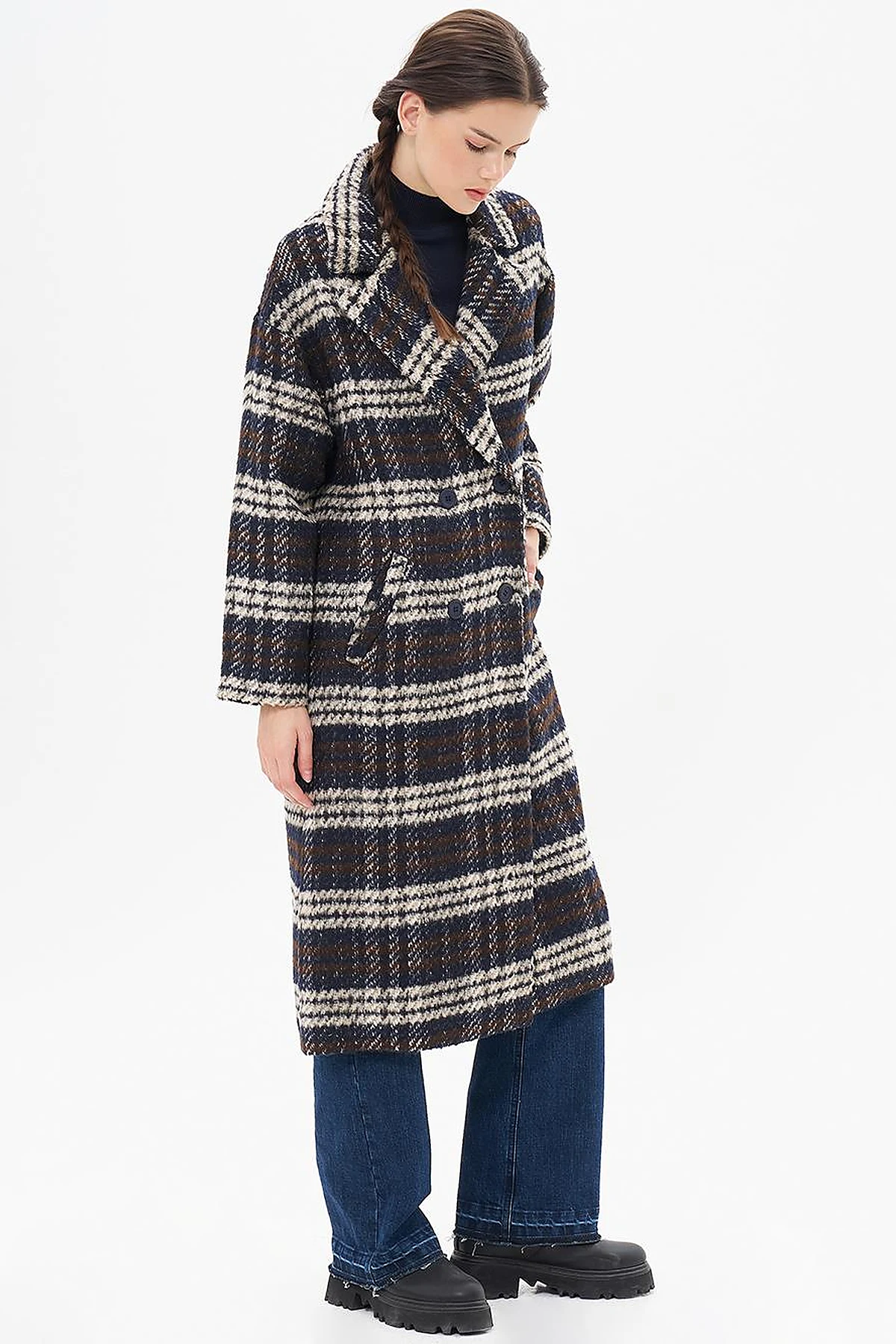 Buttoned Plaid Coat Navy Blue