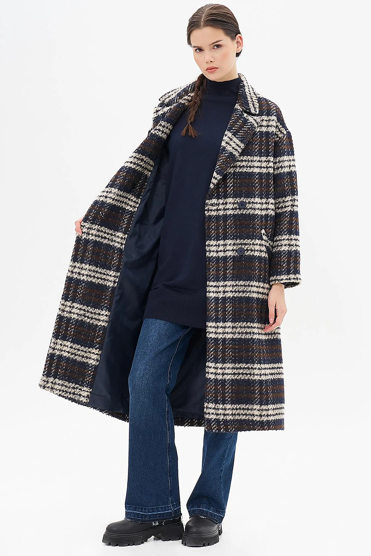 Buttoned Plaid Coat Navy Blue
