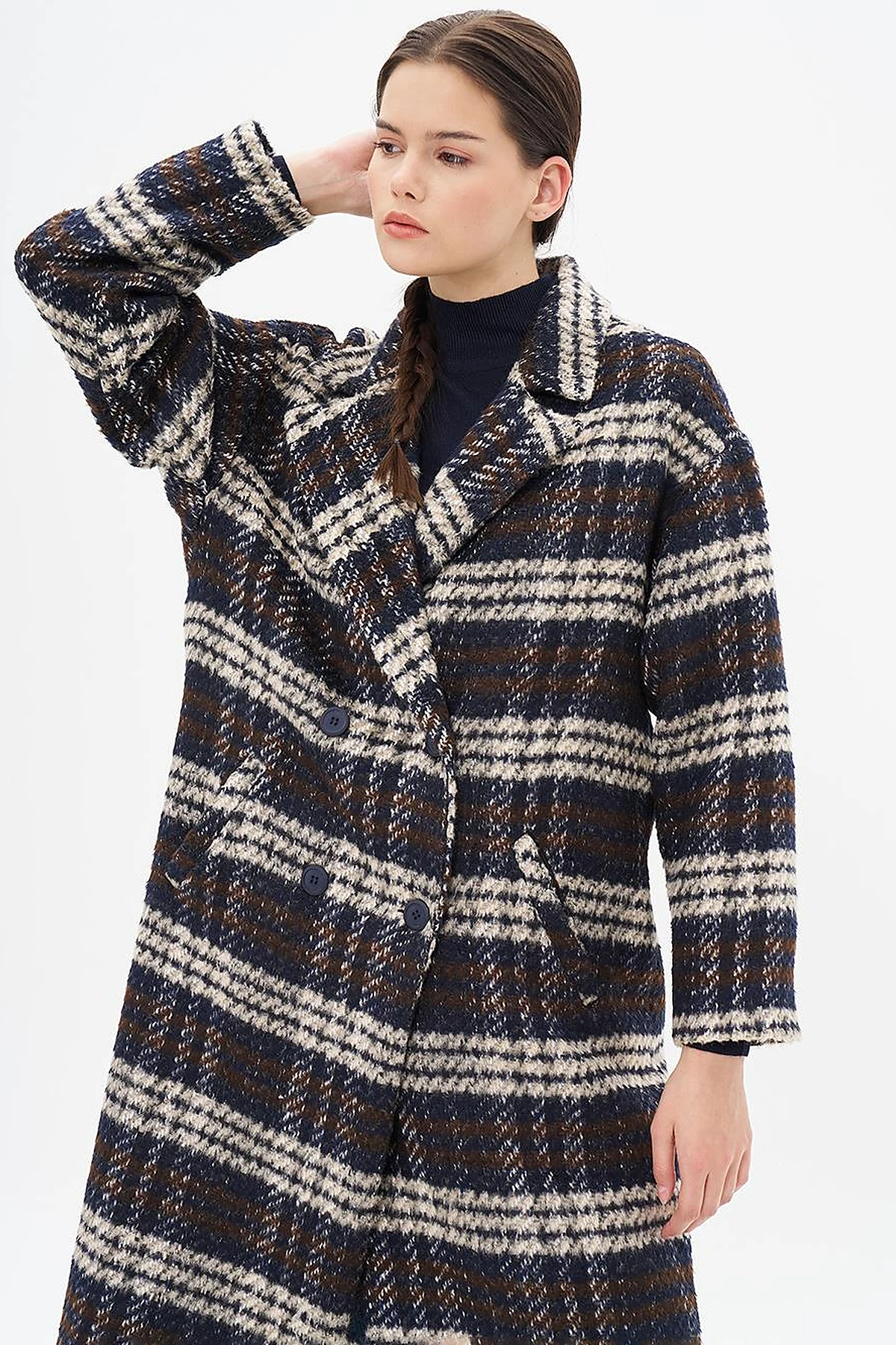 Buttoned Plaid Coat Navy Blue