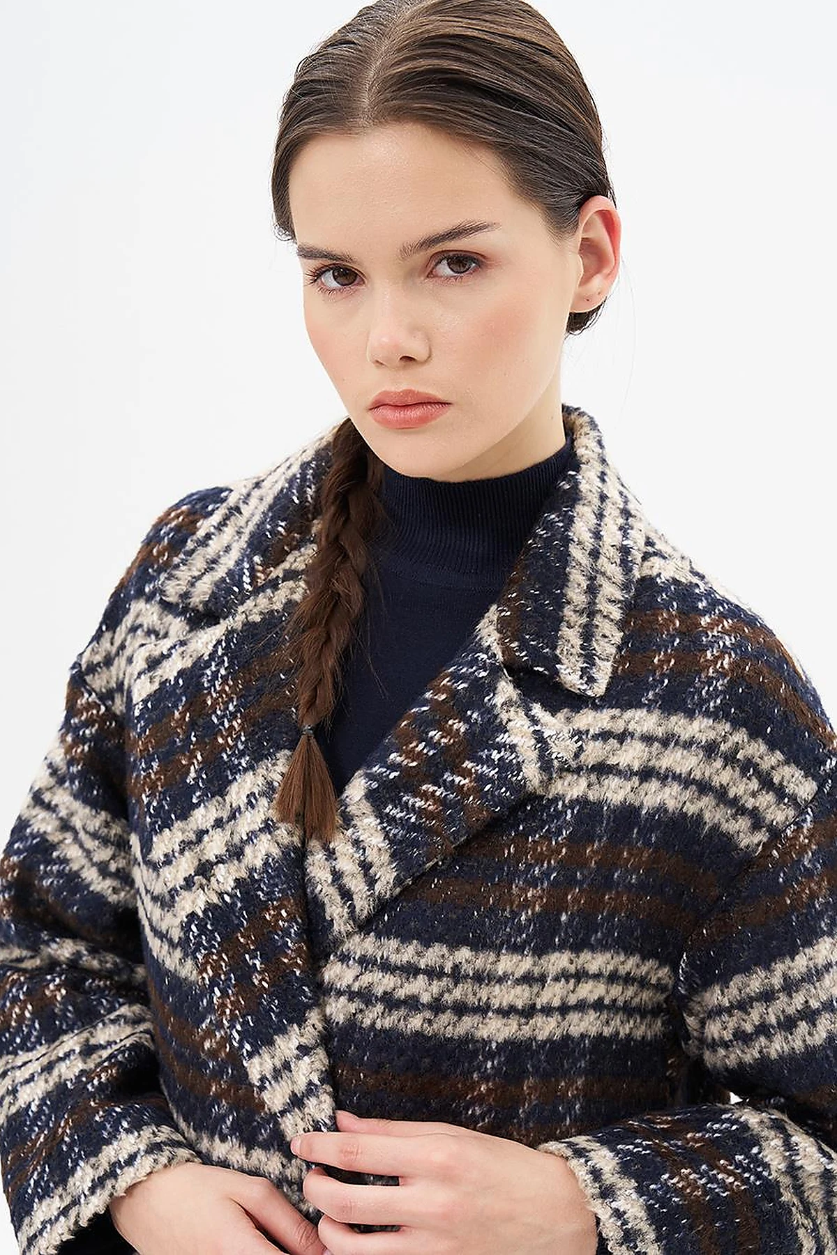 Buttoned Plaid Coat Navy Blue
