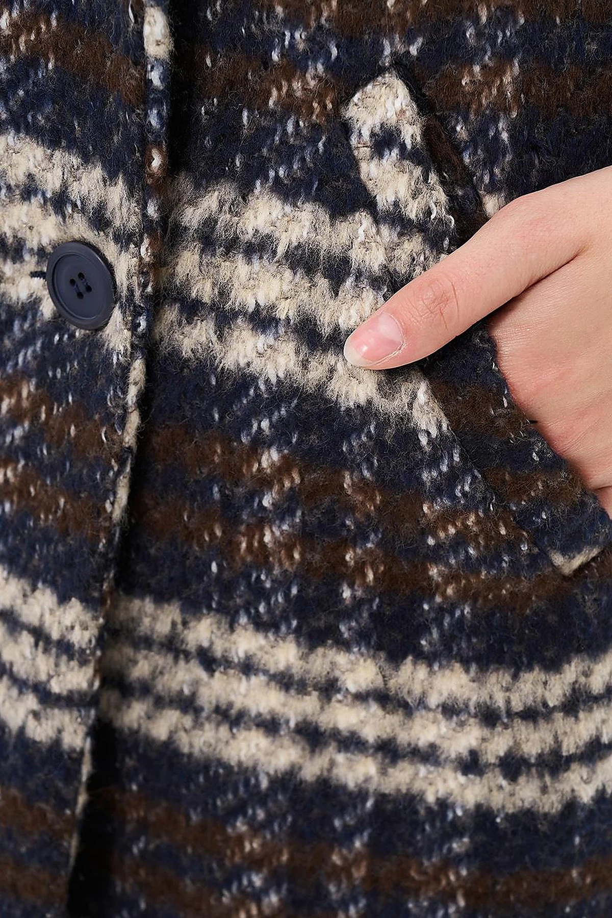 Buttoned Plaid Coat Navy Blue