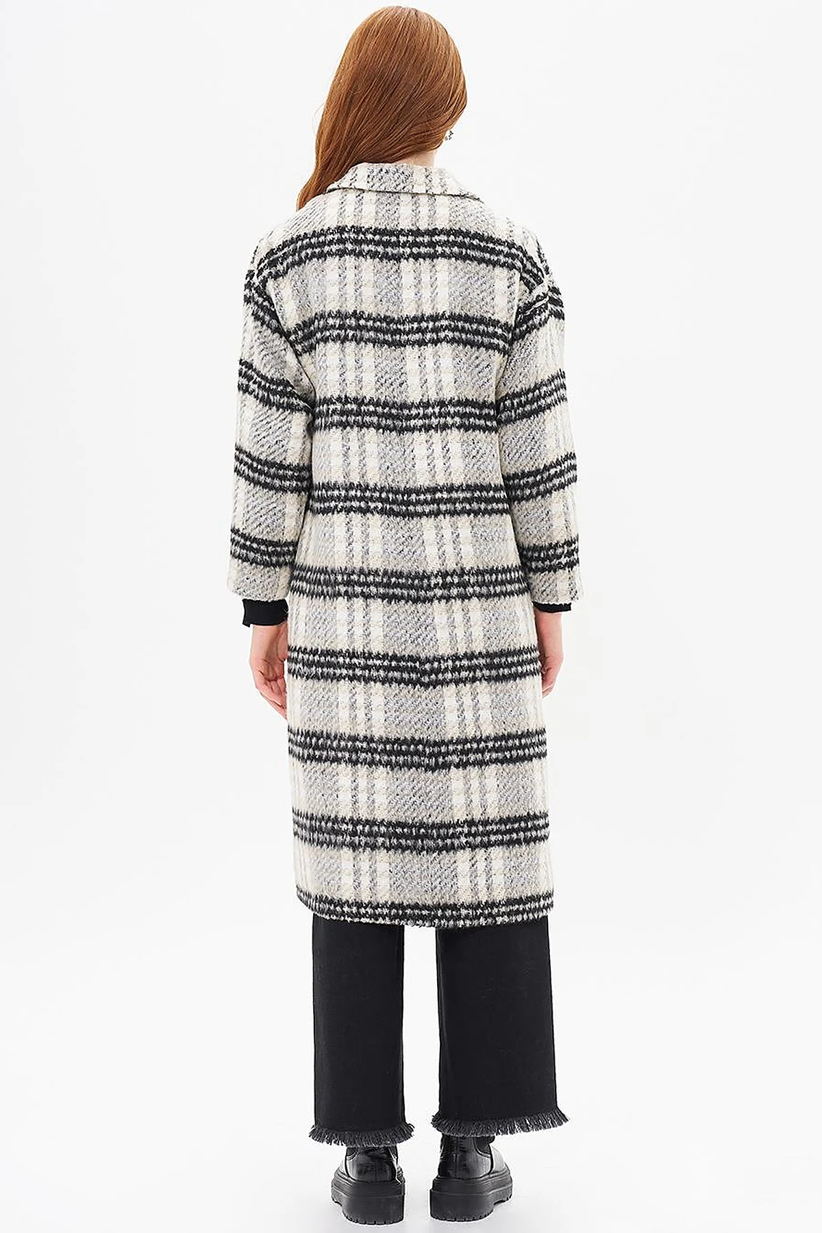 Buttoned Plaid Coat Black