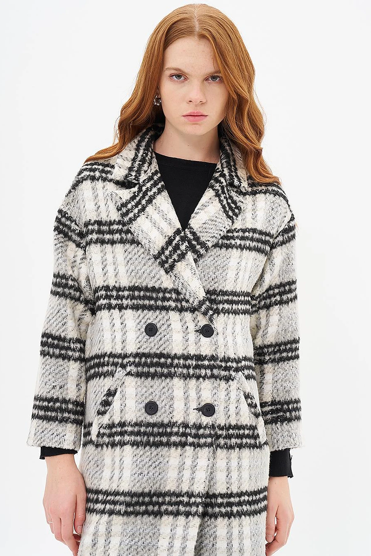 Buttoned Plaid Coat Black
