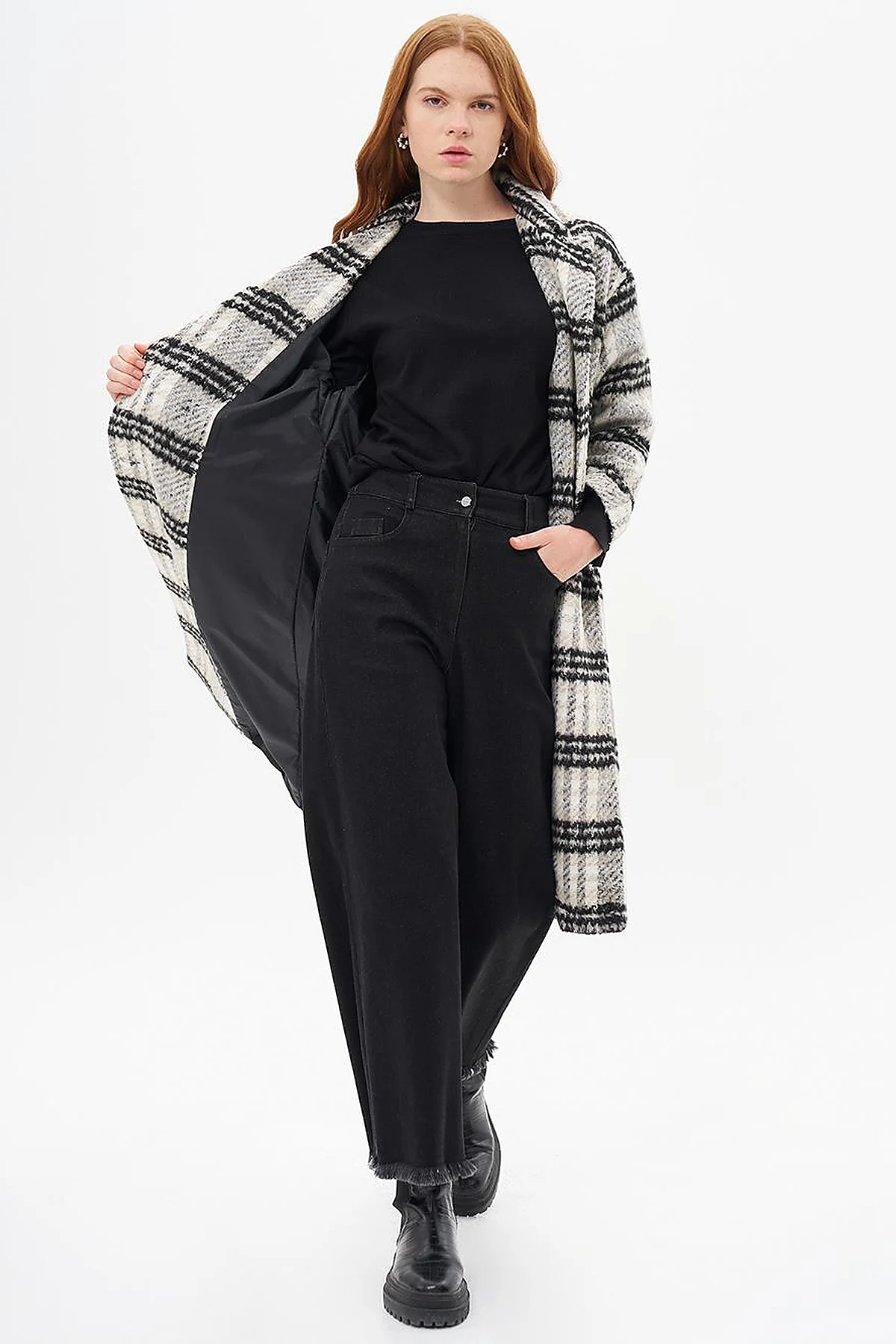 Buttoned Plaid Coat Black