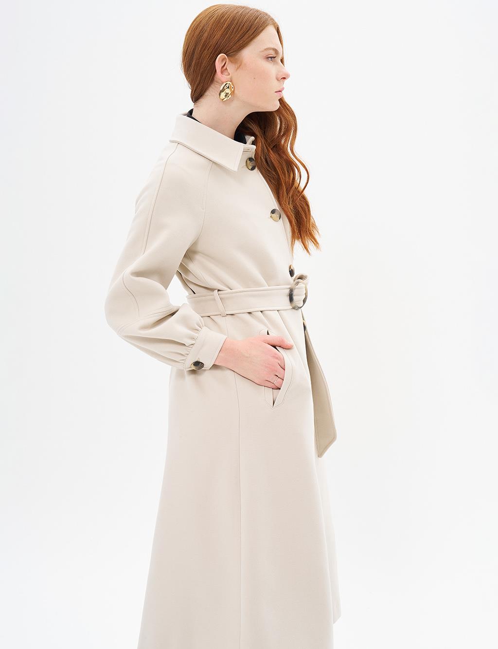 Buckle Detailed Cashmere Coat Stone