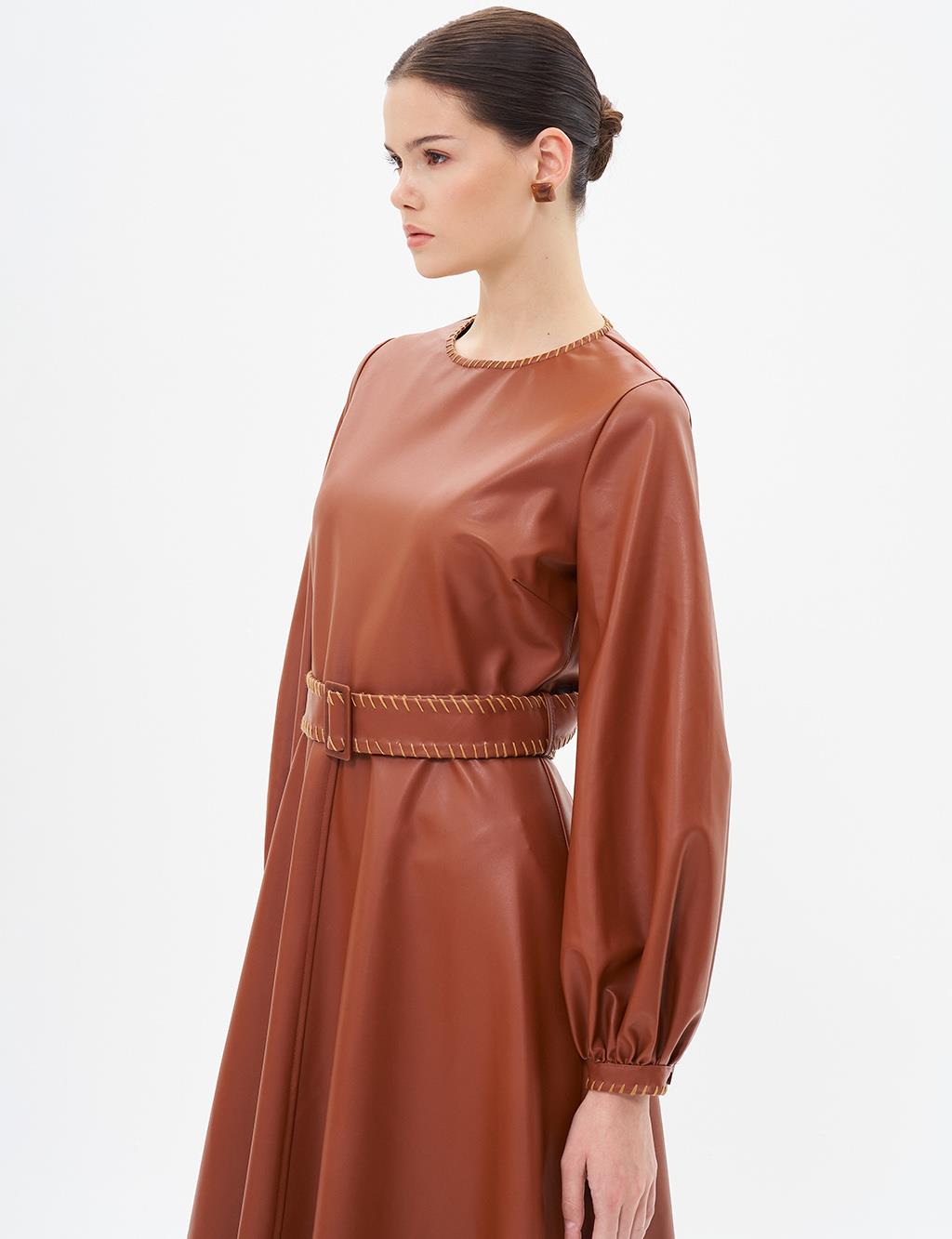 Belt Detailed Faux Leather Dress Coffee