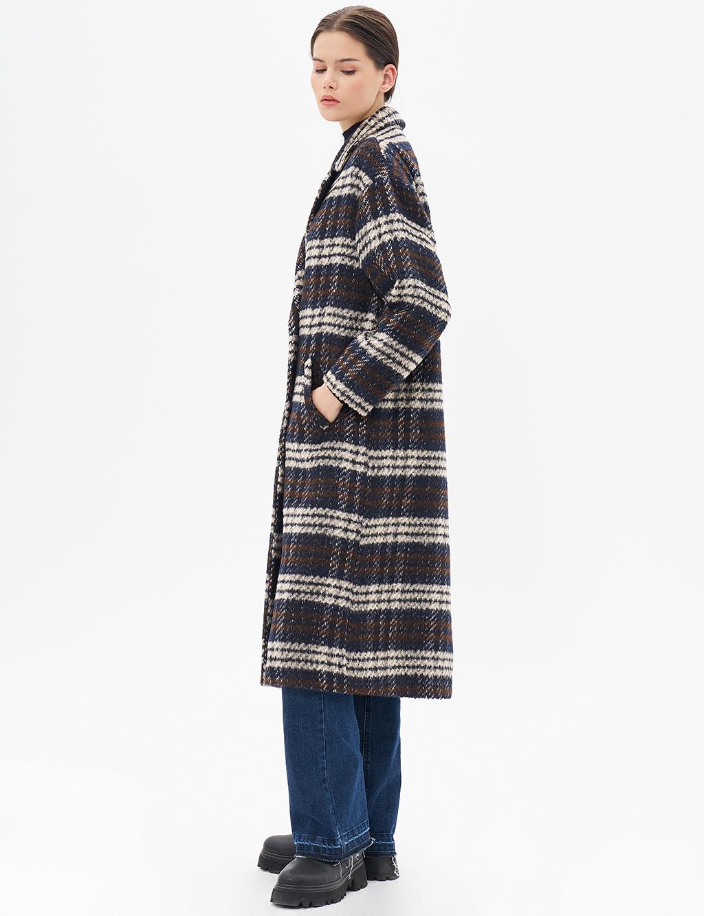 Buttoned Plaid Coat Navy Blue