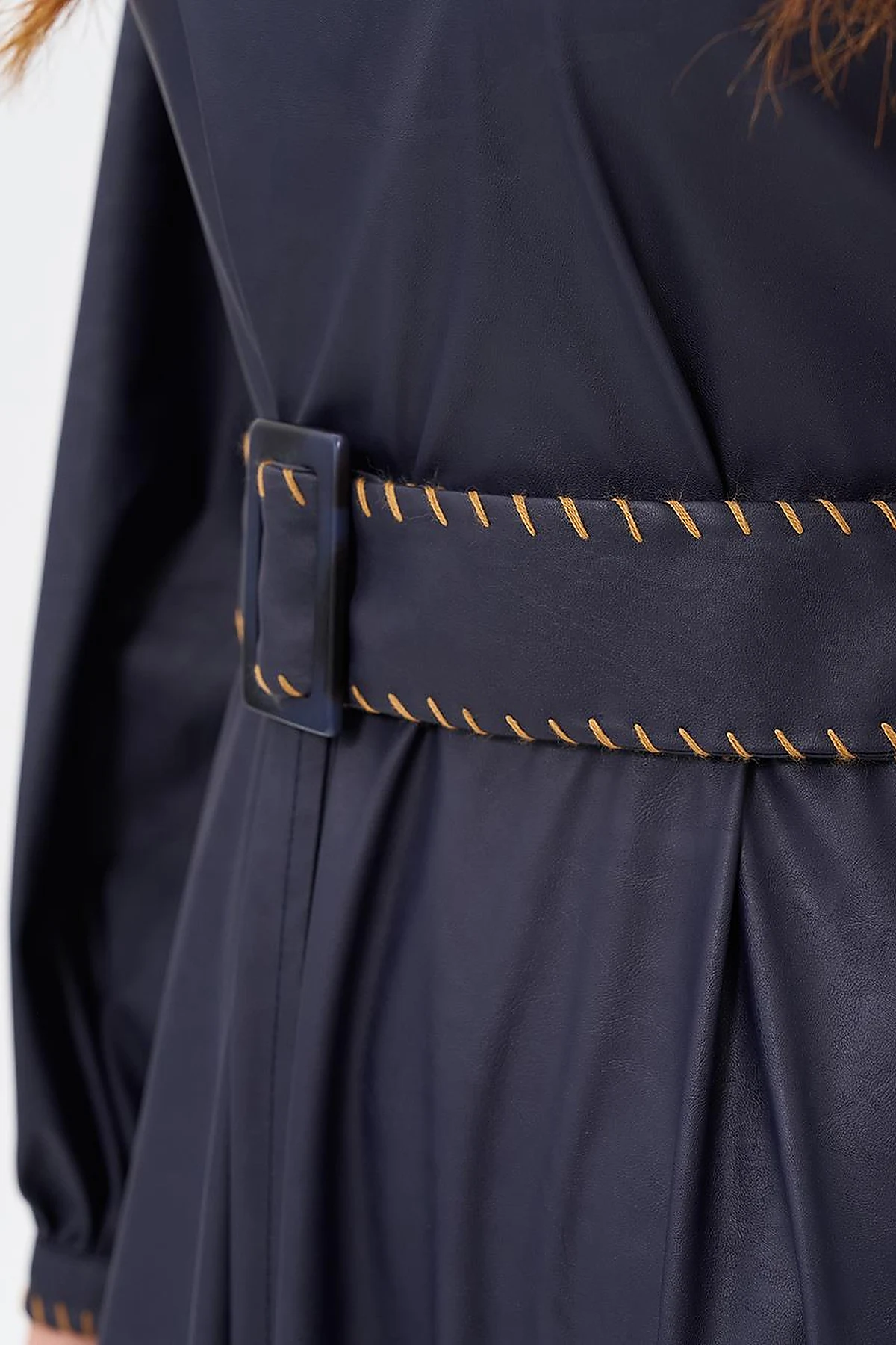 Kemer Detaylı Suni Deri Elbise Koyu Lacivert 