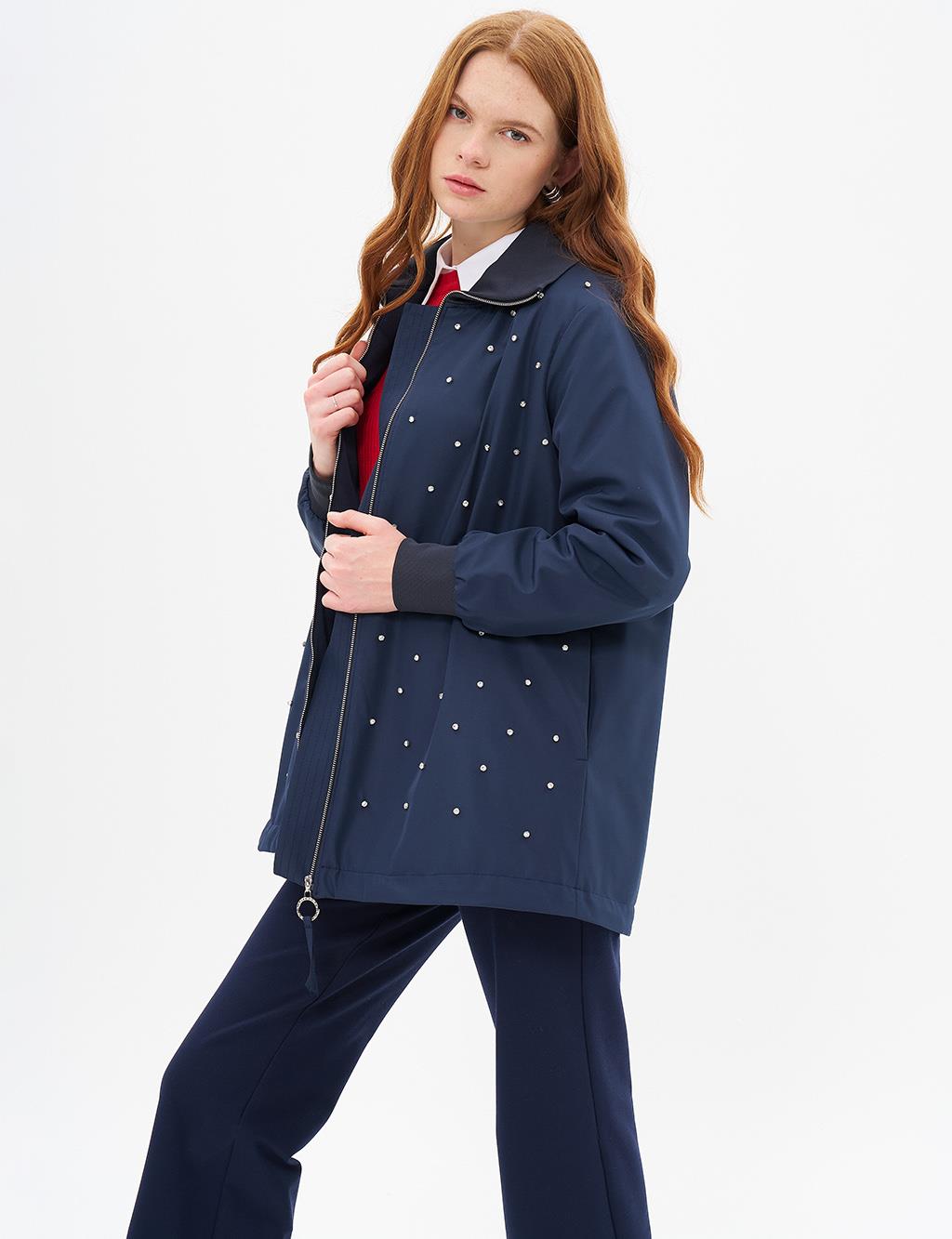 Ribbed Mixed Stone Embroidered Coat Dark Navy Blue