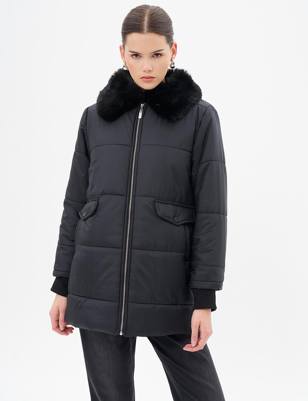 Faux Fur Detailed Quilted Coat Black