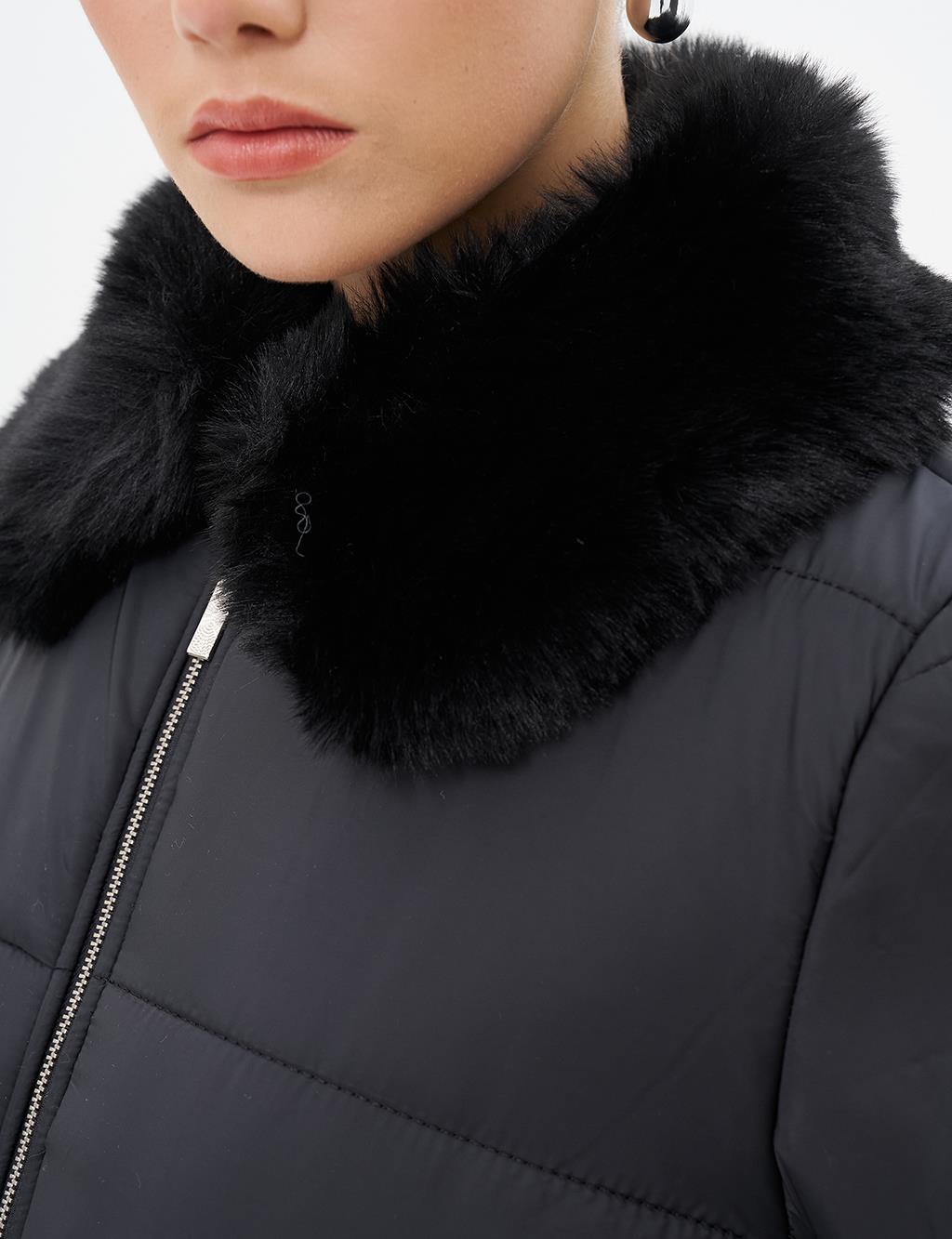 Faux Fur Detailed Quilted Coat Black