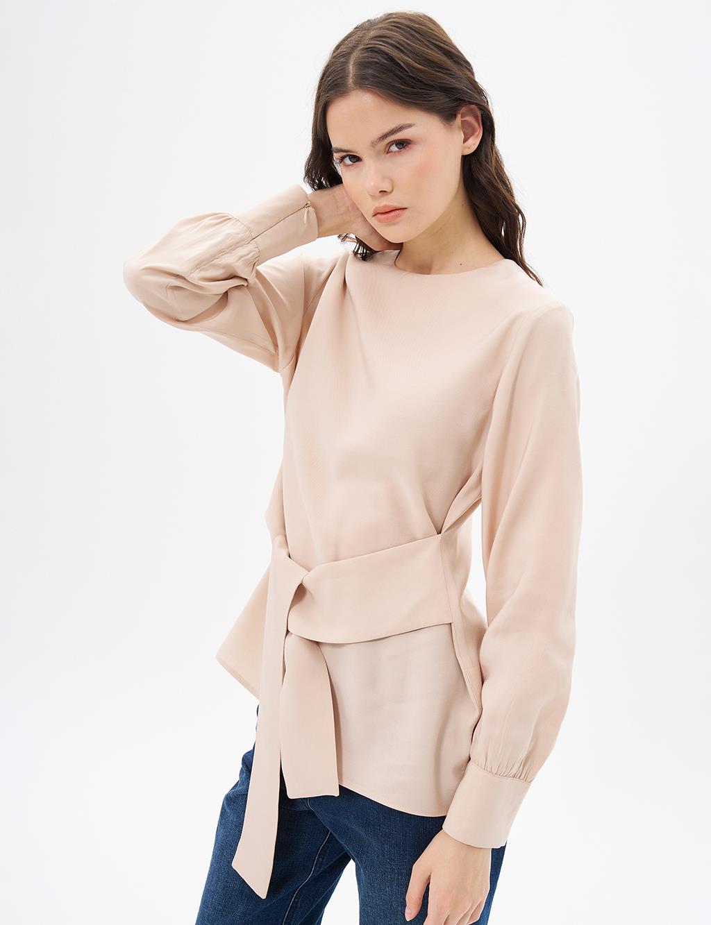 Belted Crew Neck Blouse Light Beige