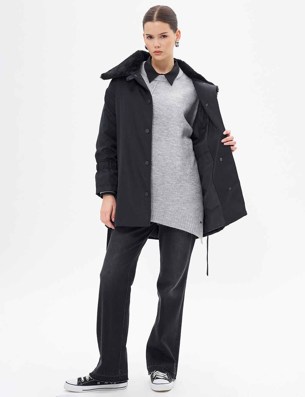 Ribbed Plush Garnished Coat Black