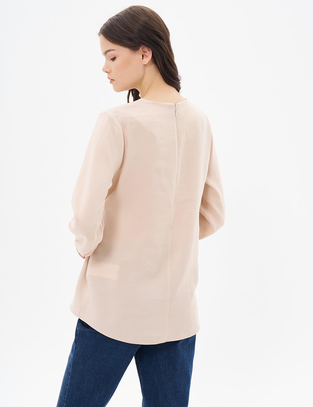 Belted Crew Neck Blouse Light Beige