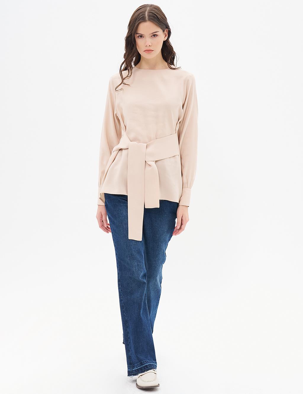 Belted Crew Neck Blouse Light Beige