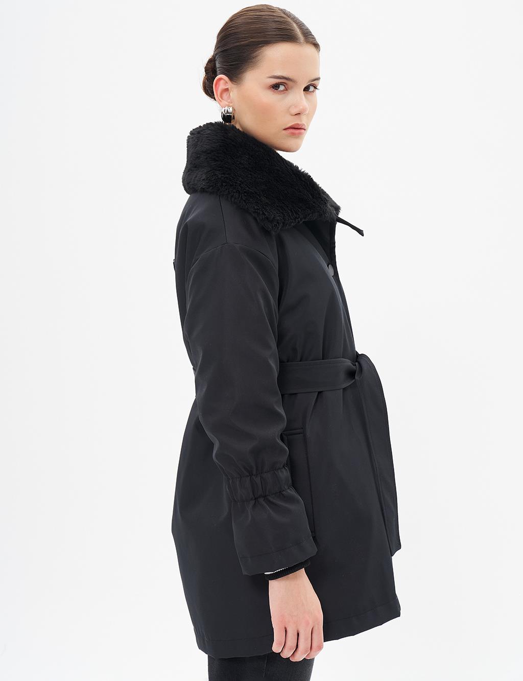 Ribbed Plush Garnished Coat Black