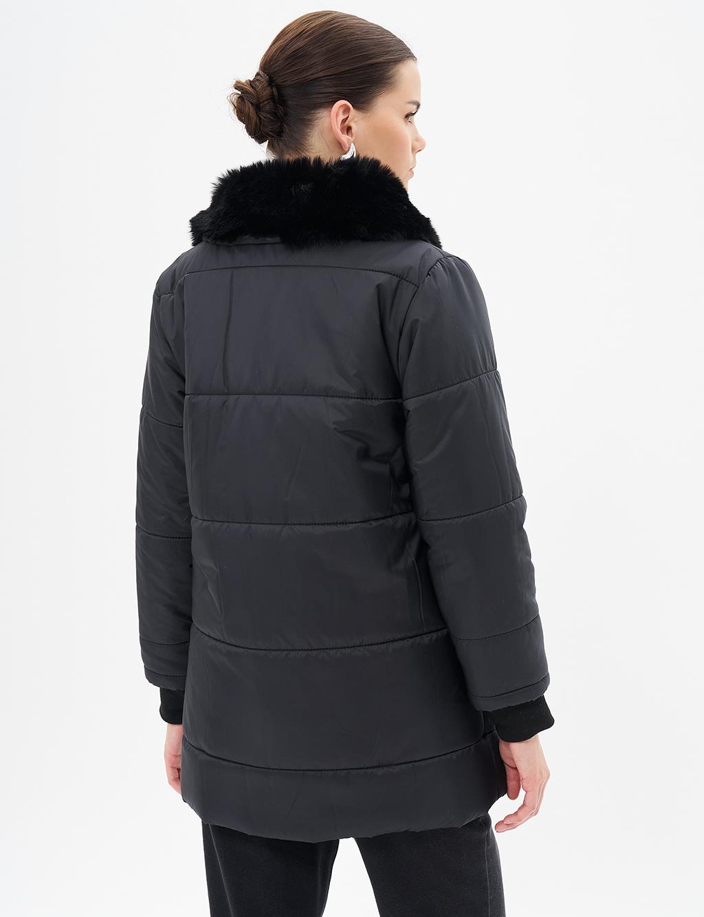 Faux Fur Detailed Quilted Coat Black