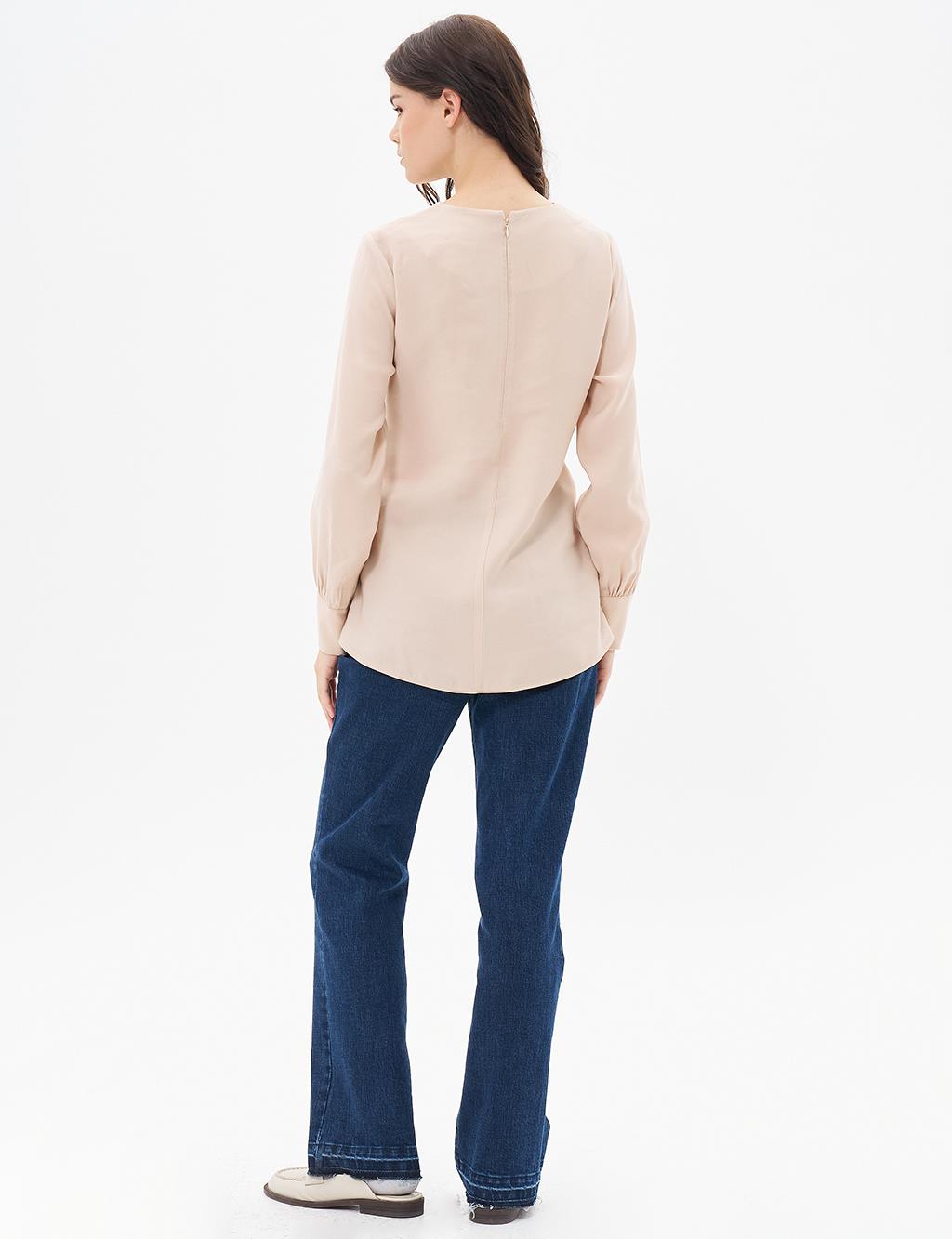 Belted Crew Neck Blouse Light Beige