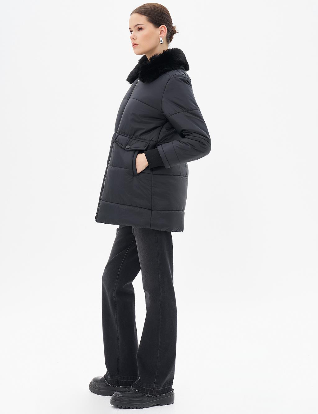 Faux Fur Detailed Quilted Coat Black