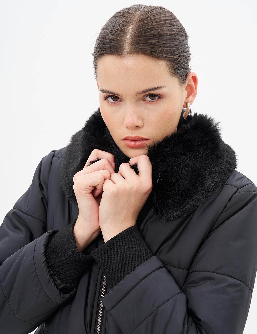 Faux Fur Detailed Quilted Coat Black