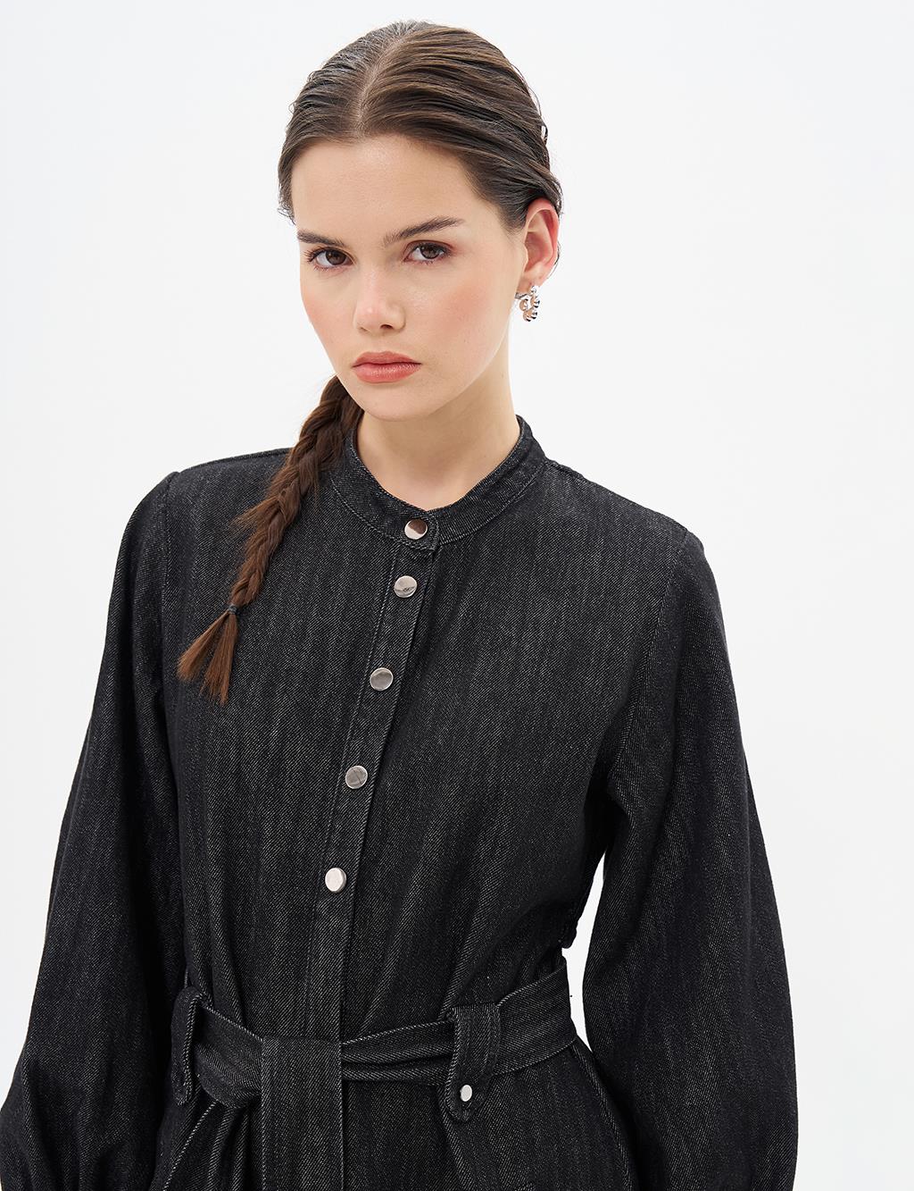 Back Detailed Denim Dress Black