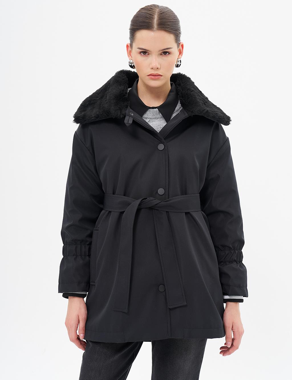 Ribbed Plush Garnished Coat Black