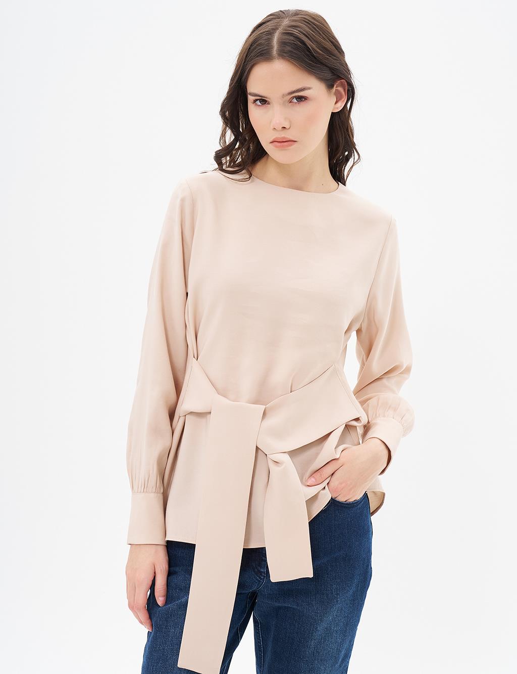 Belted Crew Neck Blouse Light Beige