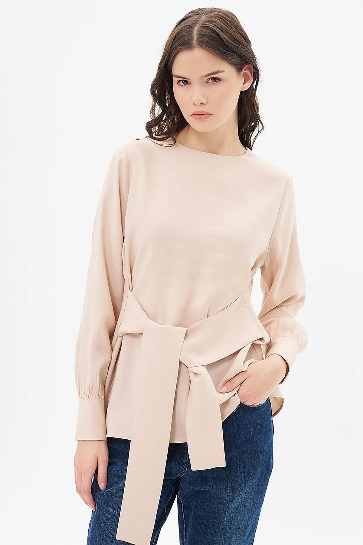 Belted Crew Neck Blouse Light Beige