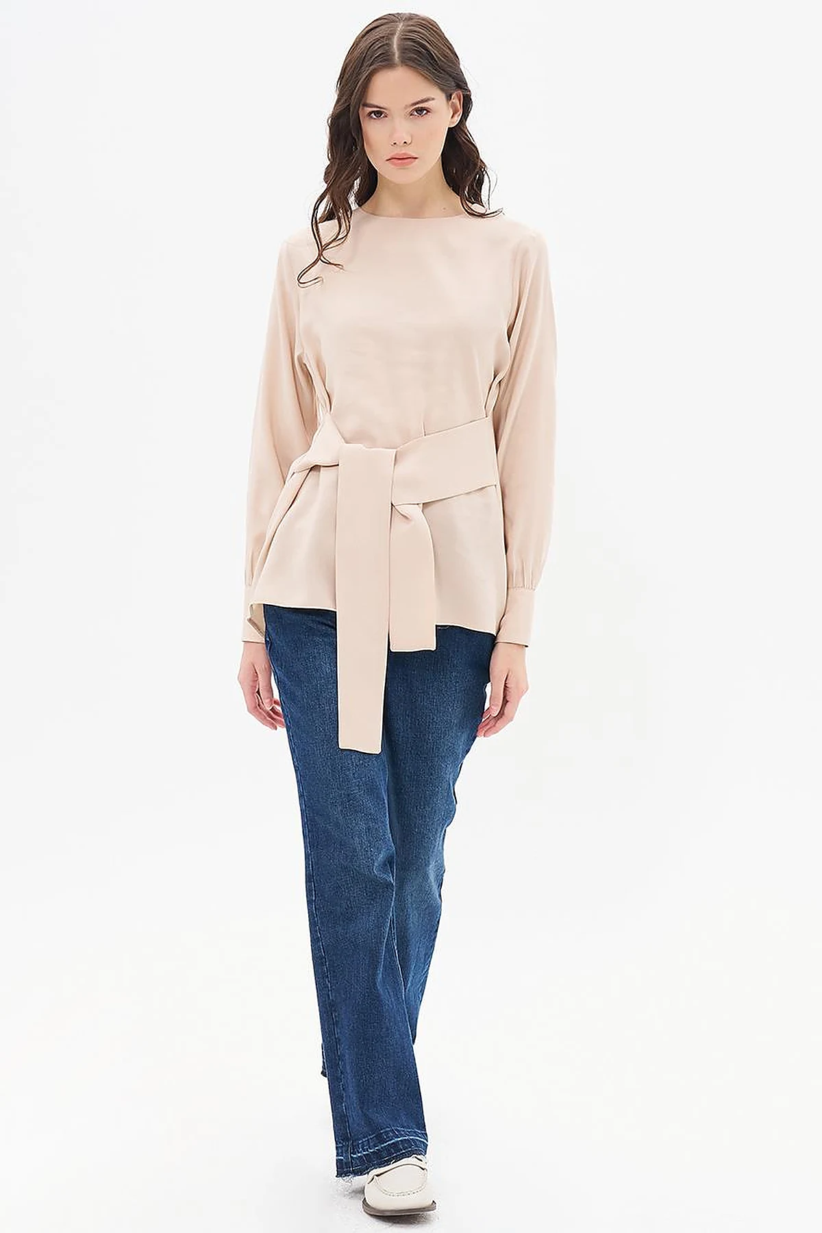 Belted Crew Neck Blouse Light Beige