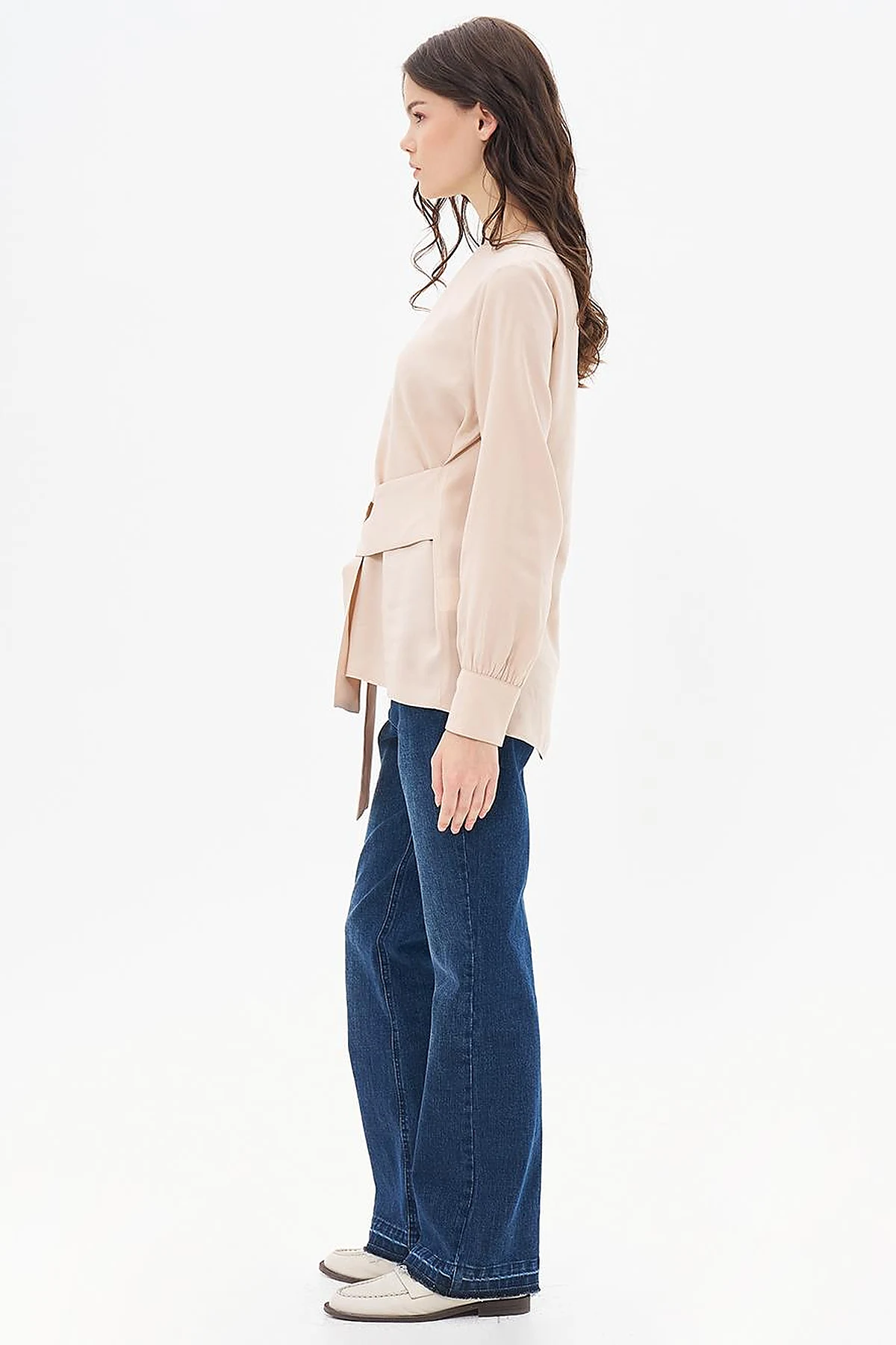 Belted Crew Neck Blouse Light Beige