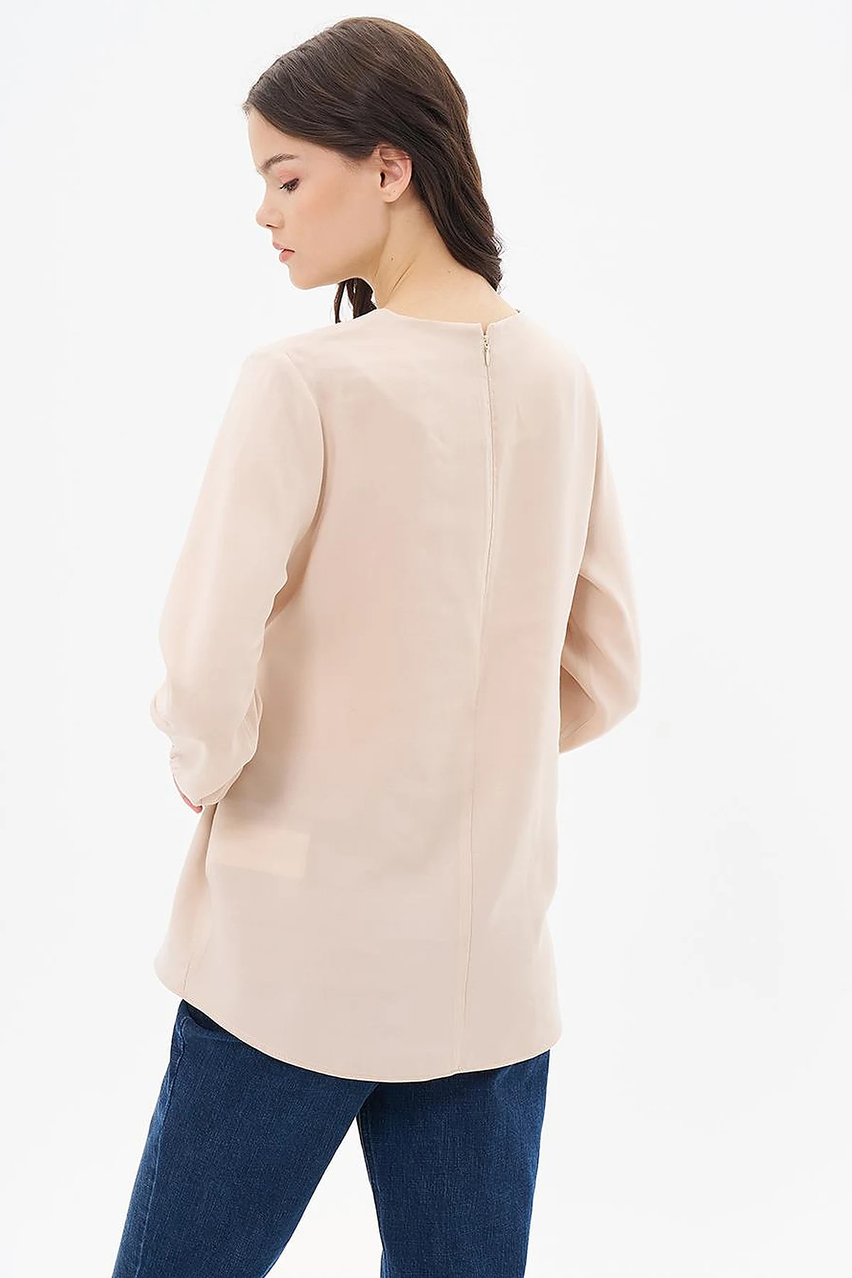 Belted Crew Neck Blouse Light Beige