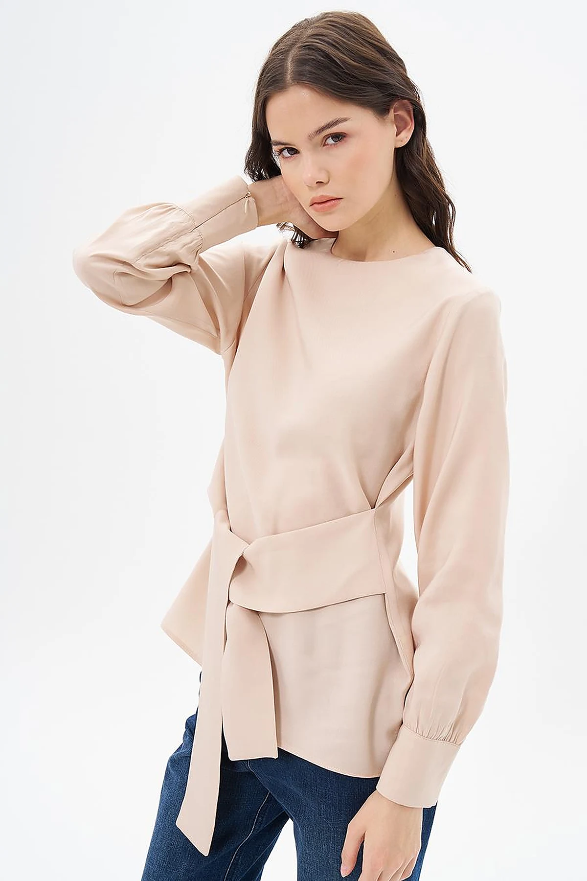 Belted Crew Neck Blouse Light Beige