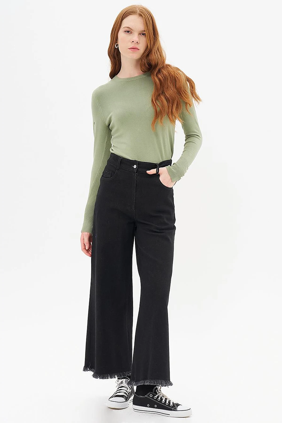 Fringed Denim Trousers Black