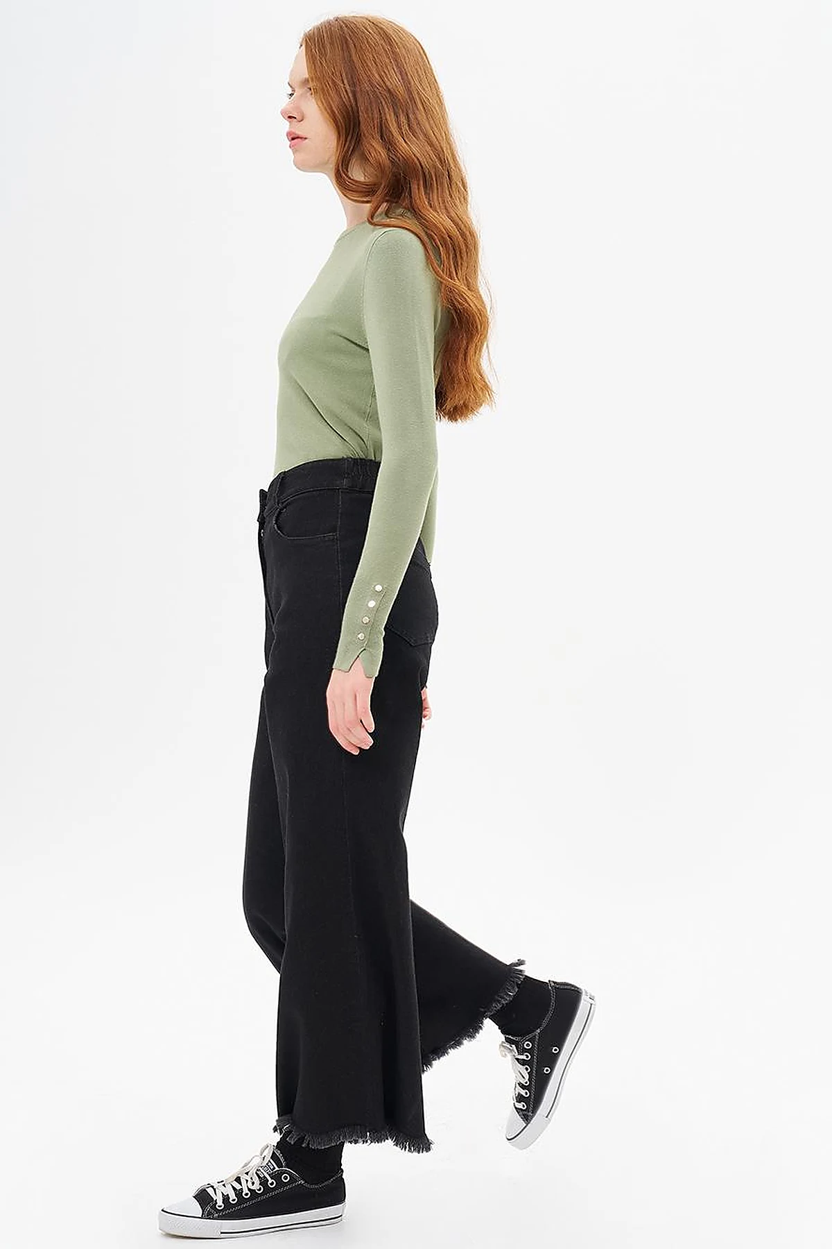 Fringed Denim Trousers Black