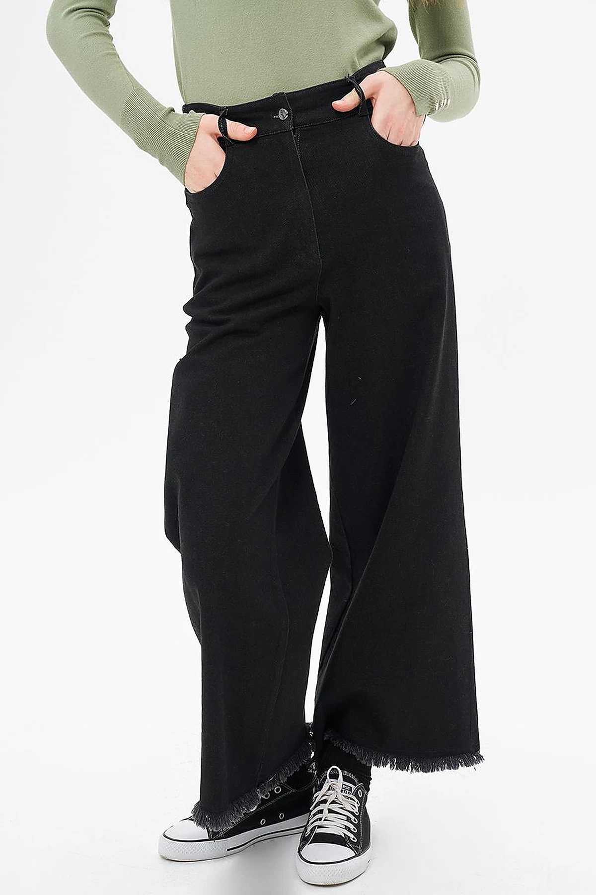 Fringed Denim Trousers Black