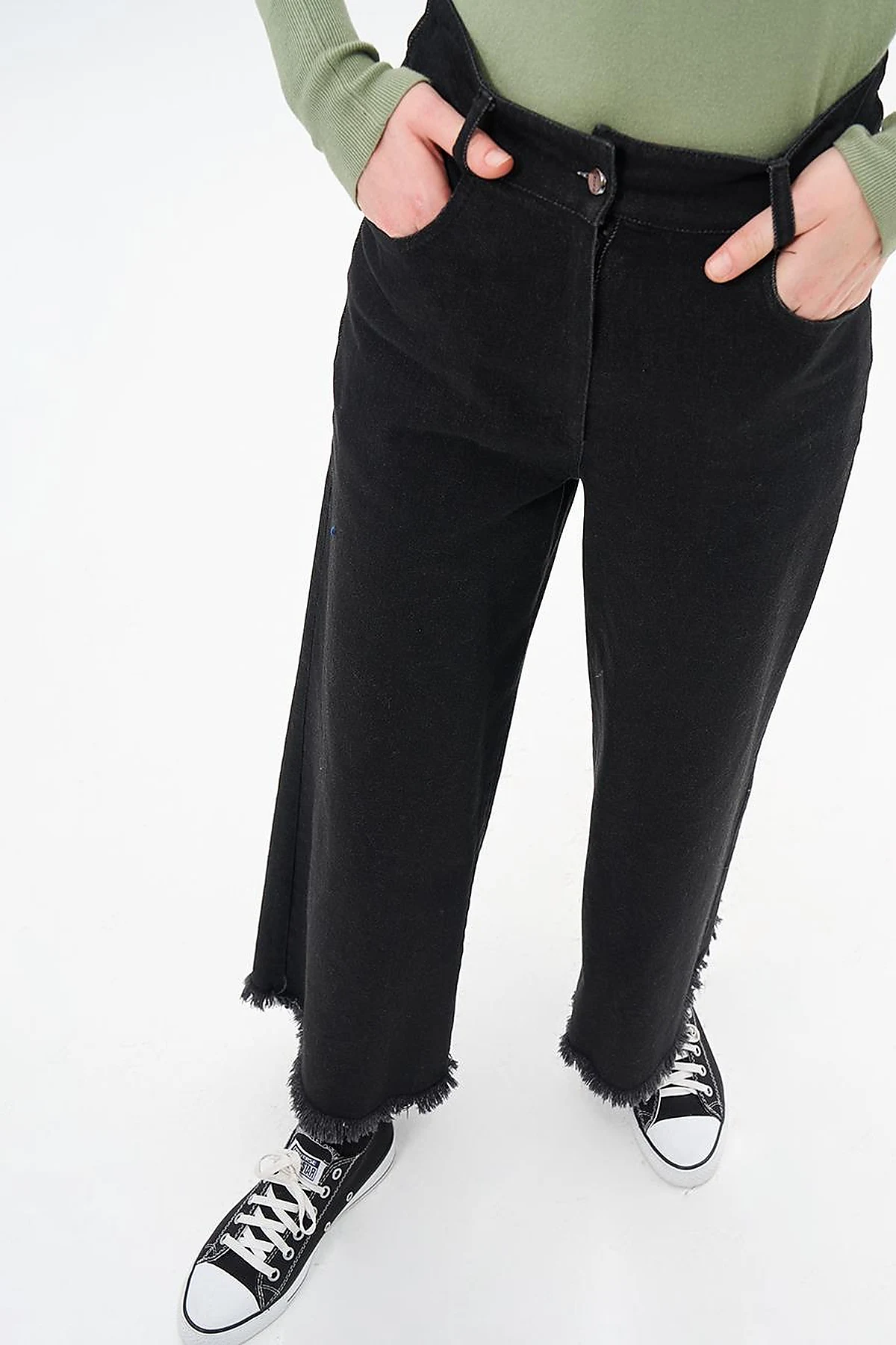 Fringed Denim Trousers Black