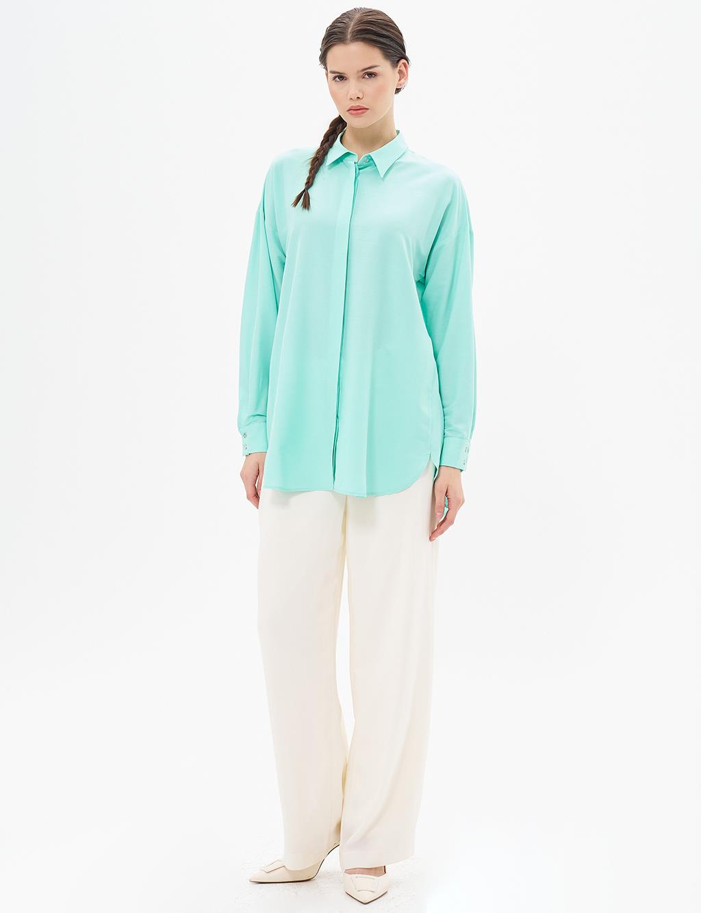 Hidden Placket Shirt Collar Tunic in Turquoise