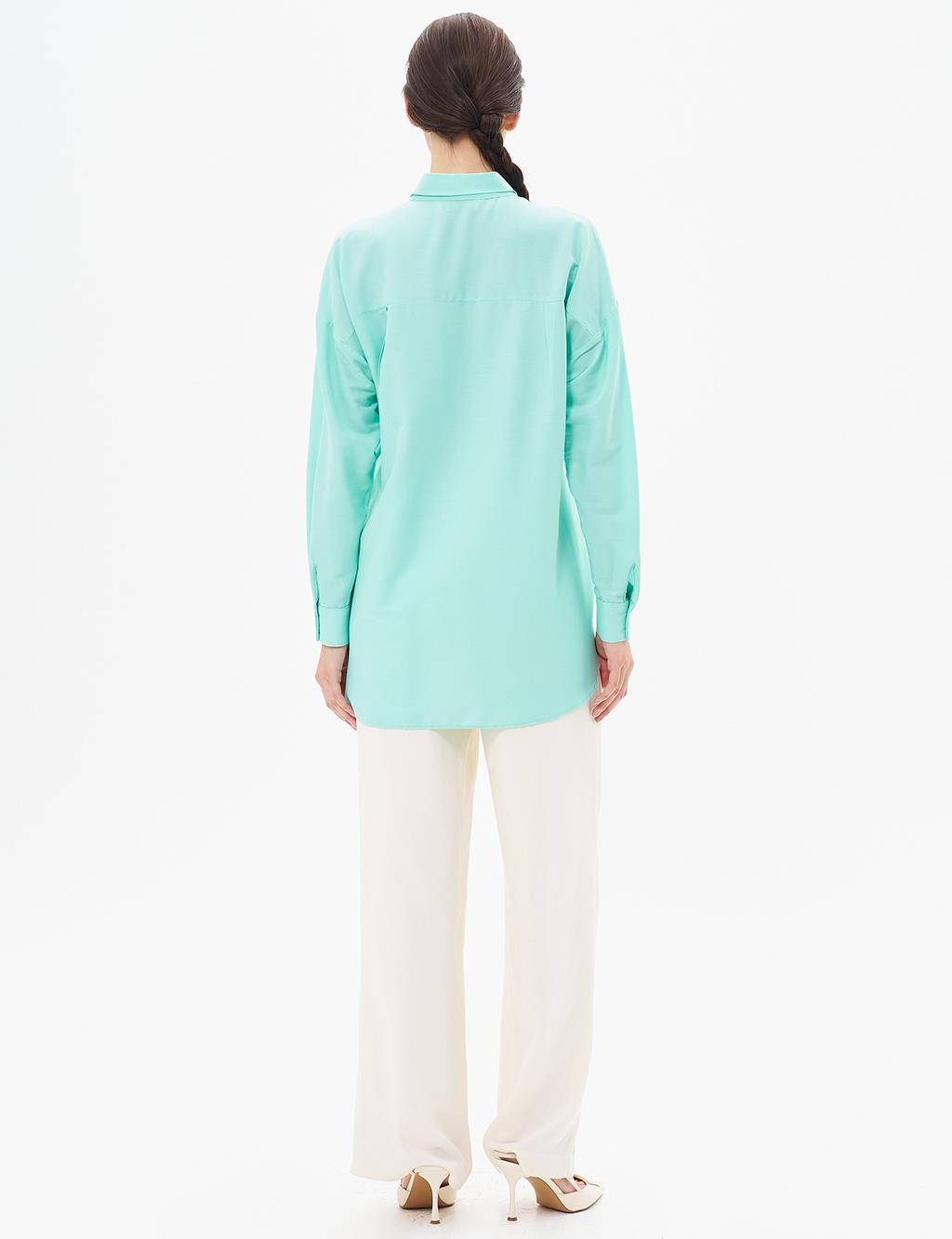 Hidden Placket Shirt Collar Tunic in Turquoise