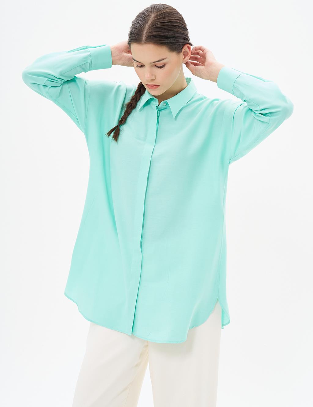 Hidden Placket Shirt Collar Tunic in Turquoise