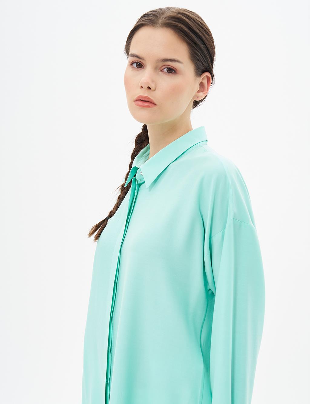 Hidden Placket Shirt Collar Tunic in Turquoise