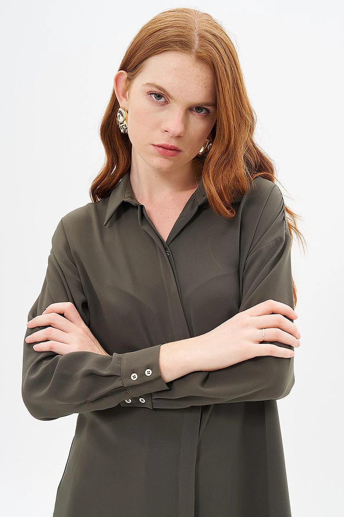 Basic Shirt Collar Tunic in Khaki