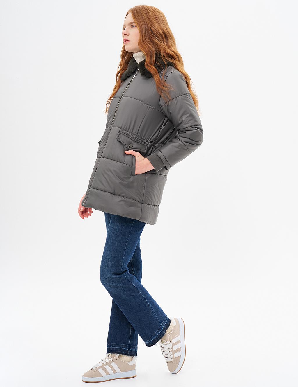 Faux Fur Detailed Quilted Anorak Coat Khaki