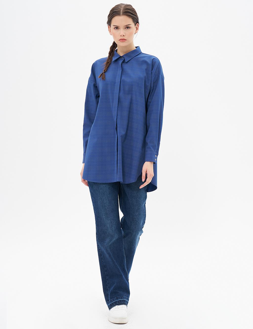 Hidden Placket Shirt Collar Tunic in Navy