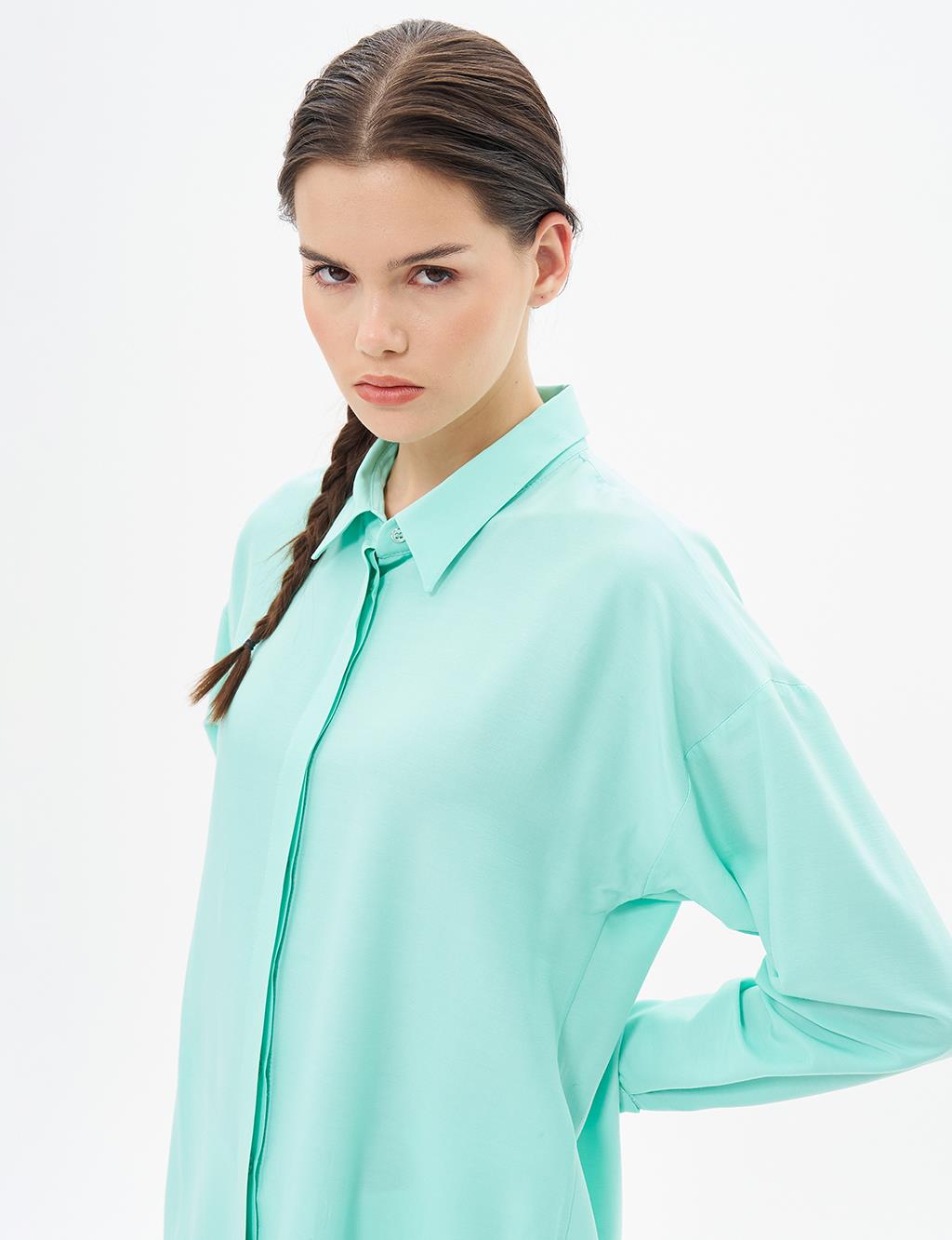 Hidden Placket Shirt Collar Tunic in Turquoise